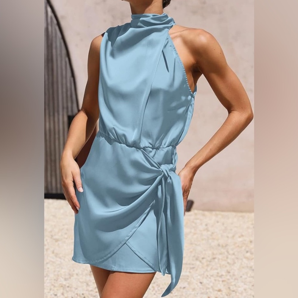 Formal Mini Sleeveless Mock Neck Tie Waist Cocktail Dress Semi Formal Evening
